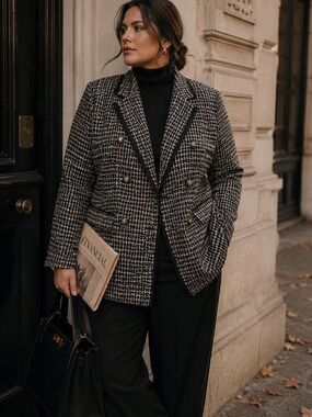 Laura Plus Tweed Blazer Black White Double Breasted Career Chic Jacket Size 16
